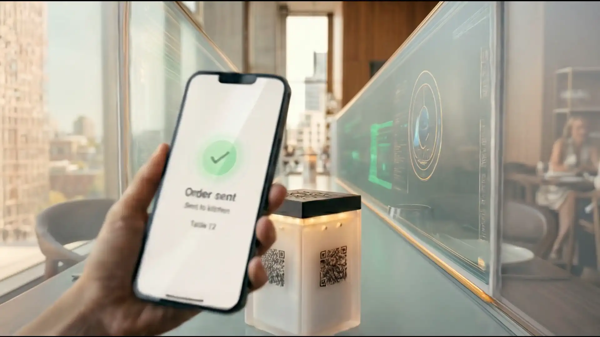 Gast hält ein Smartphone mit der Bestellbestätigung neben dem leuchtenden Cambrera-Tischgerät im Restaurant