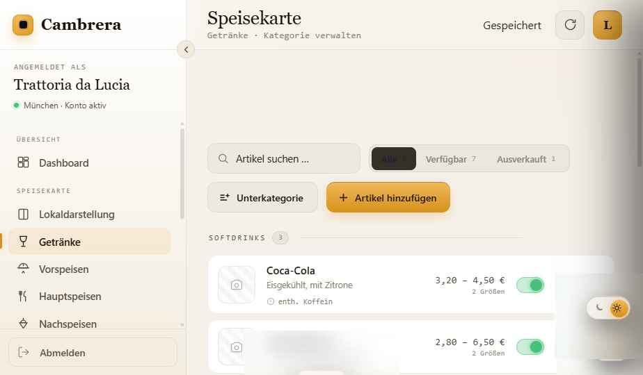 Cambrera Restaurant-Dashboard: Speisekarte mit Getränke- und Artikelübersicht verwalten