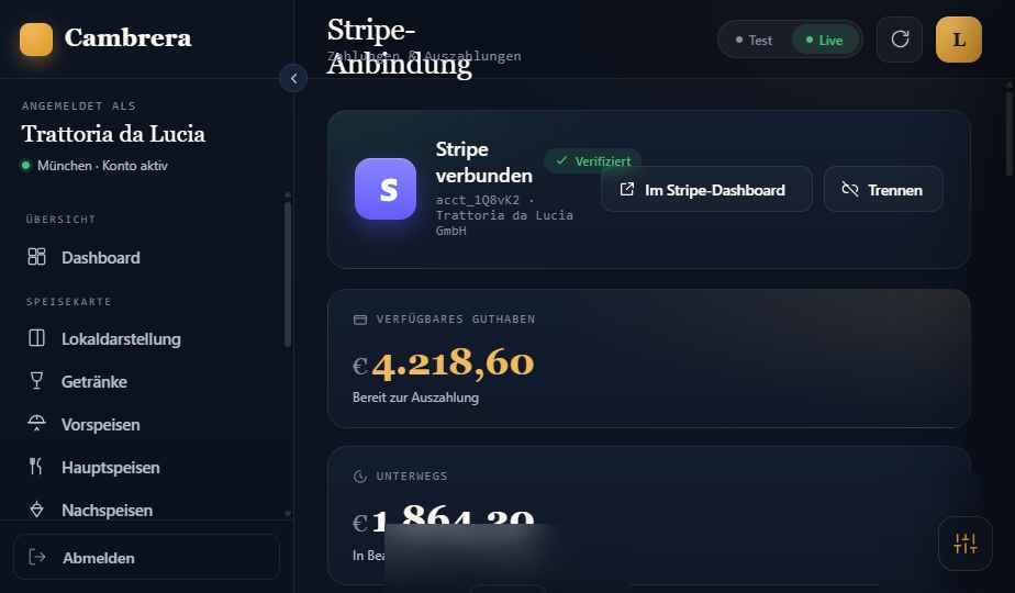 Cambrera Stripe-Anbindung: verifiziertes Konto mit verfügbarem Guthaben und Auszahlungen